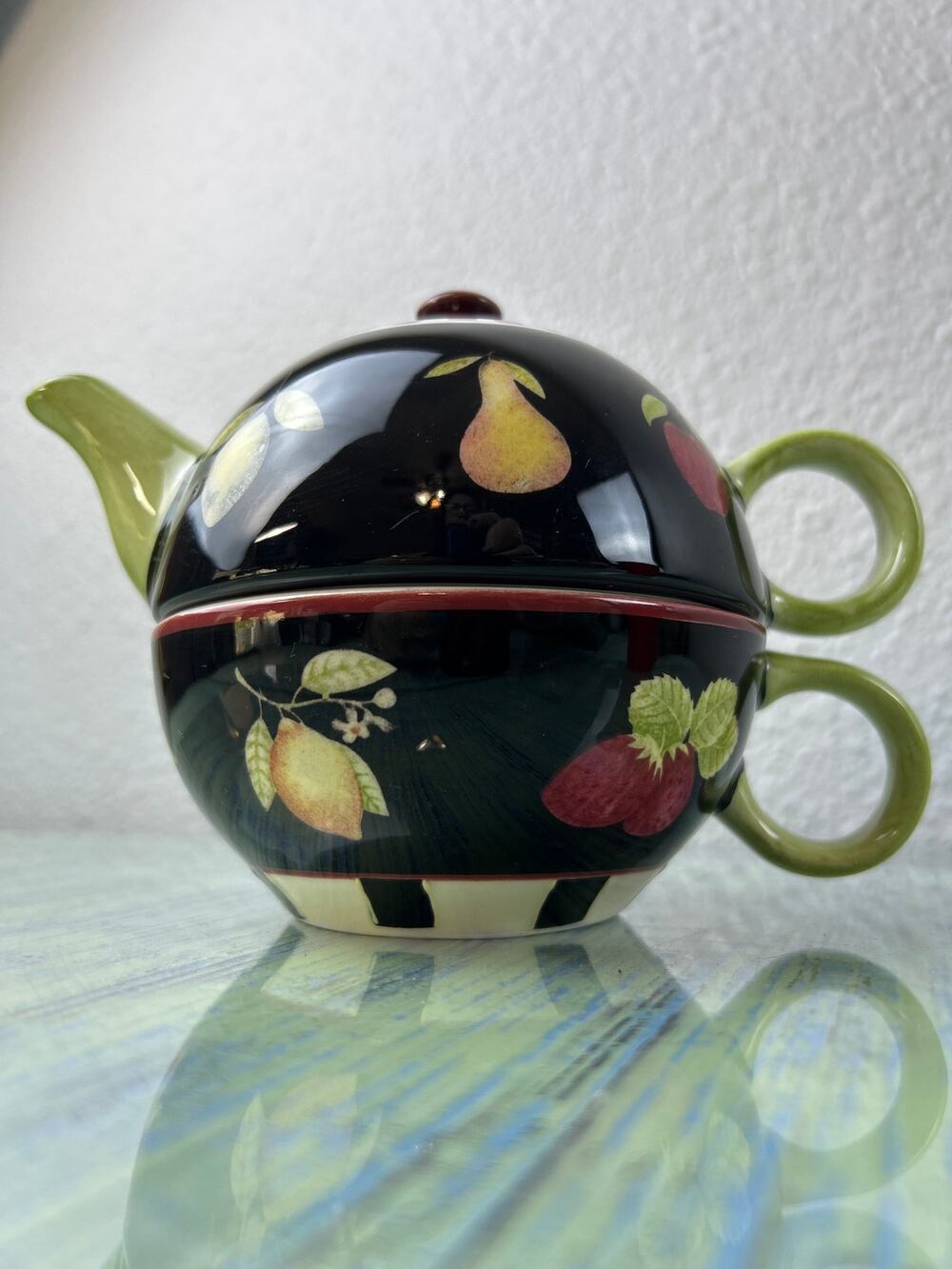Debbie Mumm Sakura Classic Fruit Stacking Tea For One Teapot Cup Set Black